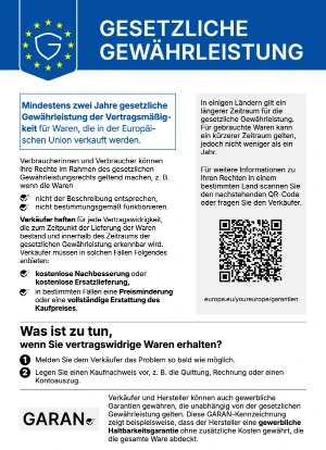 Gesetzliche Gewährleistung: Mindestens zwei Jahre gesetzliche Gewährleistung der Vertragsmäßigkeit für Waren, die in der Europäischen Union verkauft werden. Verbraucherinnen und Verbraucher können ihre Rechte geltend machen, z. B. wenn die Waren nicht der Beschreibung entsprechen oder nicht bestimmungsgemäß funktionieren. Verkäufer haften für jede Vertragswidrigkeit, die zum Zeitpunkt der Lieferung bestand und innerhalb des Gewährleistungszeitraums erkennbar wird, und müssen kostenlose Nachbesserung oder Ersatzlieferung, in bestimmten Fällen Preisminderung oder vollständige Erstattung des Kaufpreises anbieten. Was ist zu tun: 1. Melden Sie dem Verkäufer das Problem so bald wie möglich. 2. Legen Sie einen Kaufnachweis vor. In einigen Ländern gilt ein längerer Zeitraum, für gebrauchte Waren kann ein kürzerer Zeitraum gelten, jedoch nicht weniger als ein Jahr. Weitere Informationen: europa.eu/youreurope/garantien